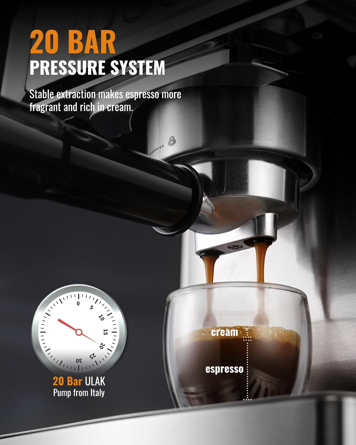 ilavie Espresso Machine, 20 Bar Espresso Coffee Machine for Cappuccino, Latte, Stainless Steel Espresso Maker for Home, 1350W Espresso Machine with Milk Steamer, 1.8L Water Tank