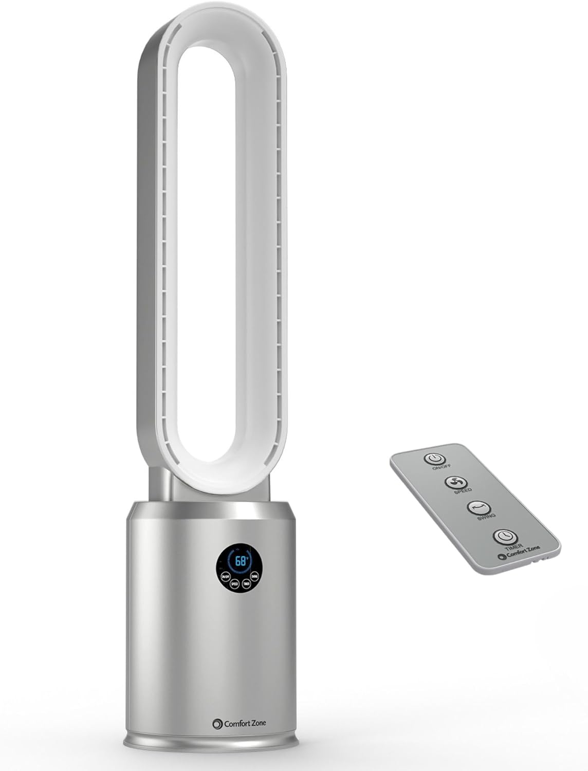 Comfort Zone 40" Bladeless Tower Fan with Remote Control, 9H Timer, Wide Area Oscillation, Push Button Digital Display, 3 Speeds, Silver