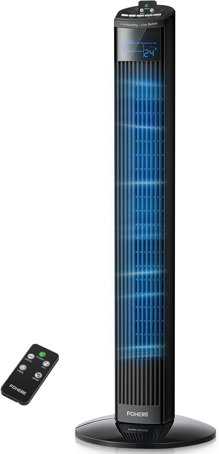 FOHERE Tower Fan, 36" Oscillating Tower Cooling Fan with Remote Control, 12-Hour Timer and Sleep Mode, Portable Stand up Floor Bladeless Fan (Black)