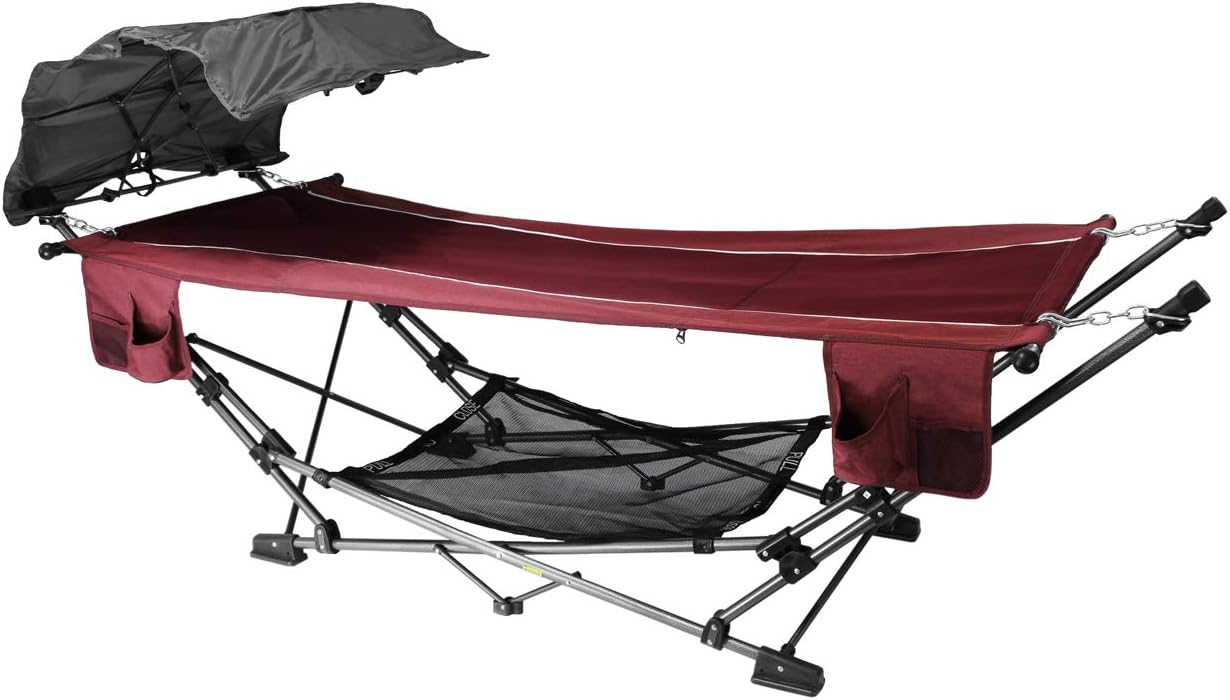 Red Folding Metal Framed Hammock with Retractable Canopy