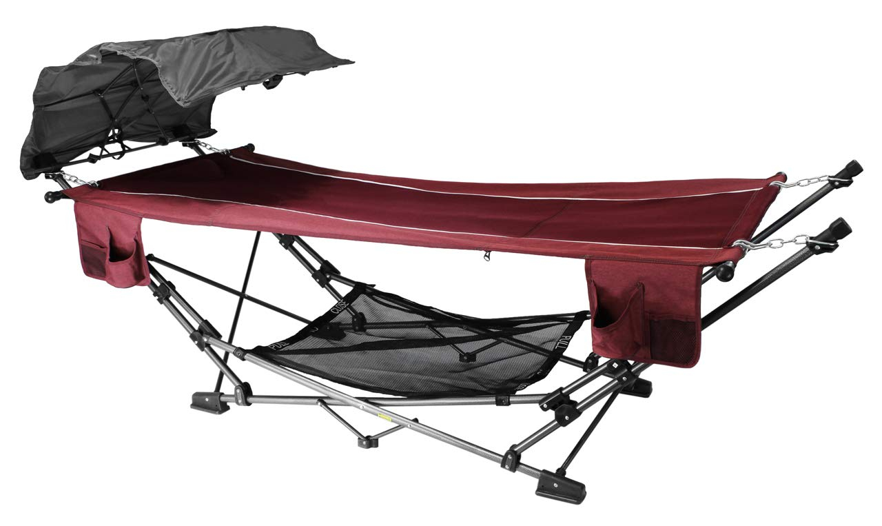 Red Folding Metal Framed Hammock with Retractable Canopy