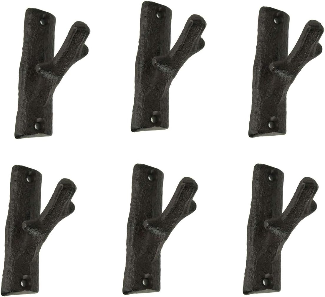 Ebros Gift Brown Cast Iron Rustic Tree Branch Wall Hook Set of 6 Small