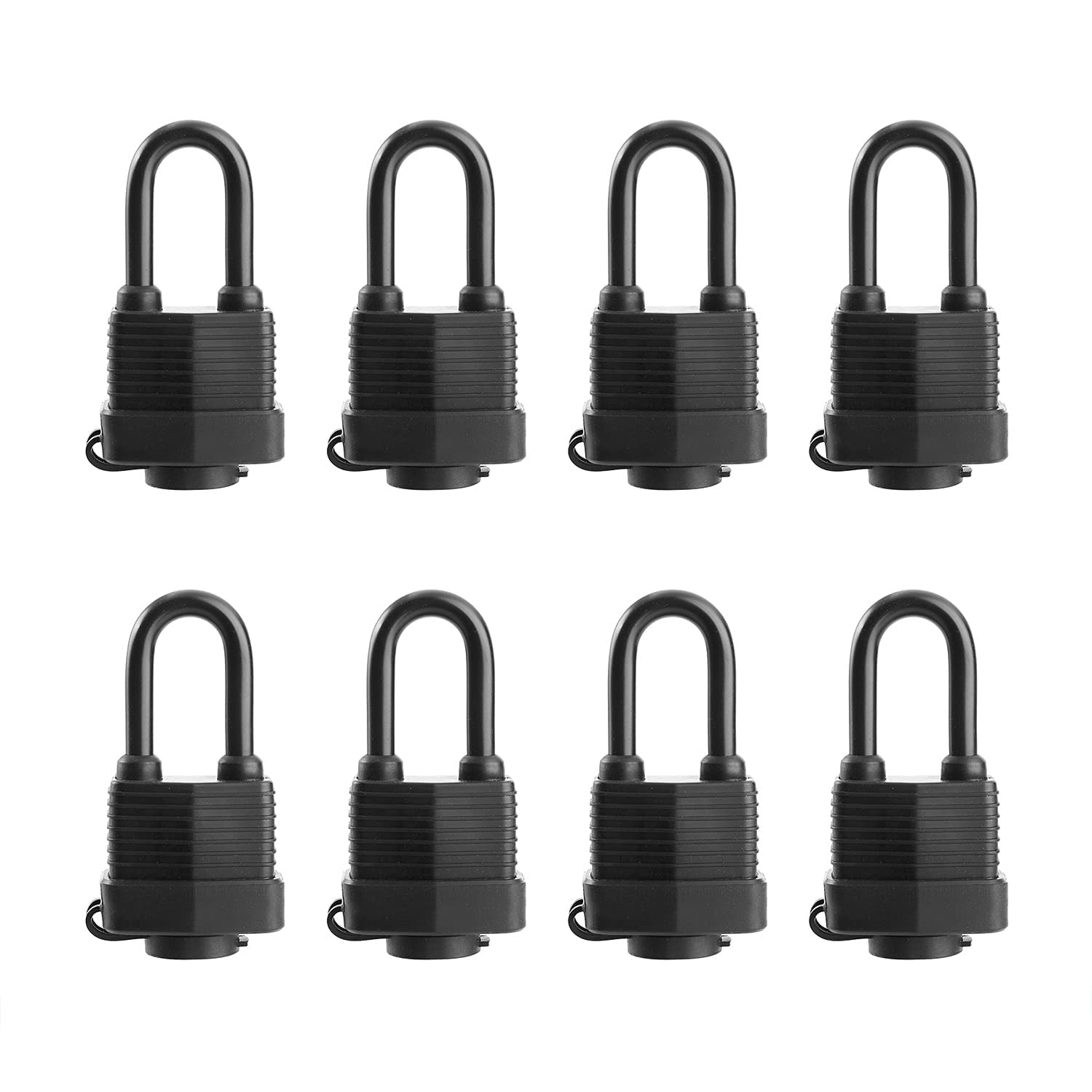 Waterproof Padlocks Keyed Alike for Outdoor use, Covered Heavy Duty Laminated Steel Lock, 1-9/16 Inch. Wide, Long Padlock, Pack of 8