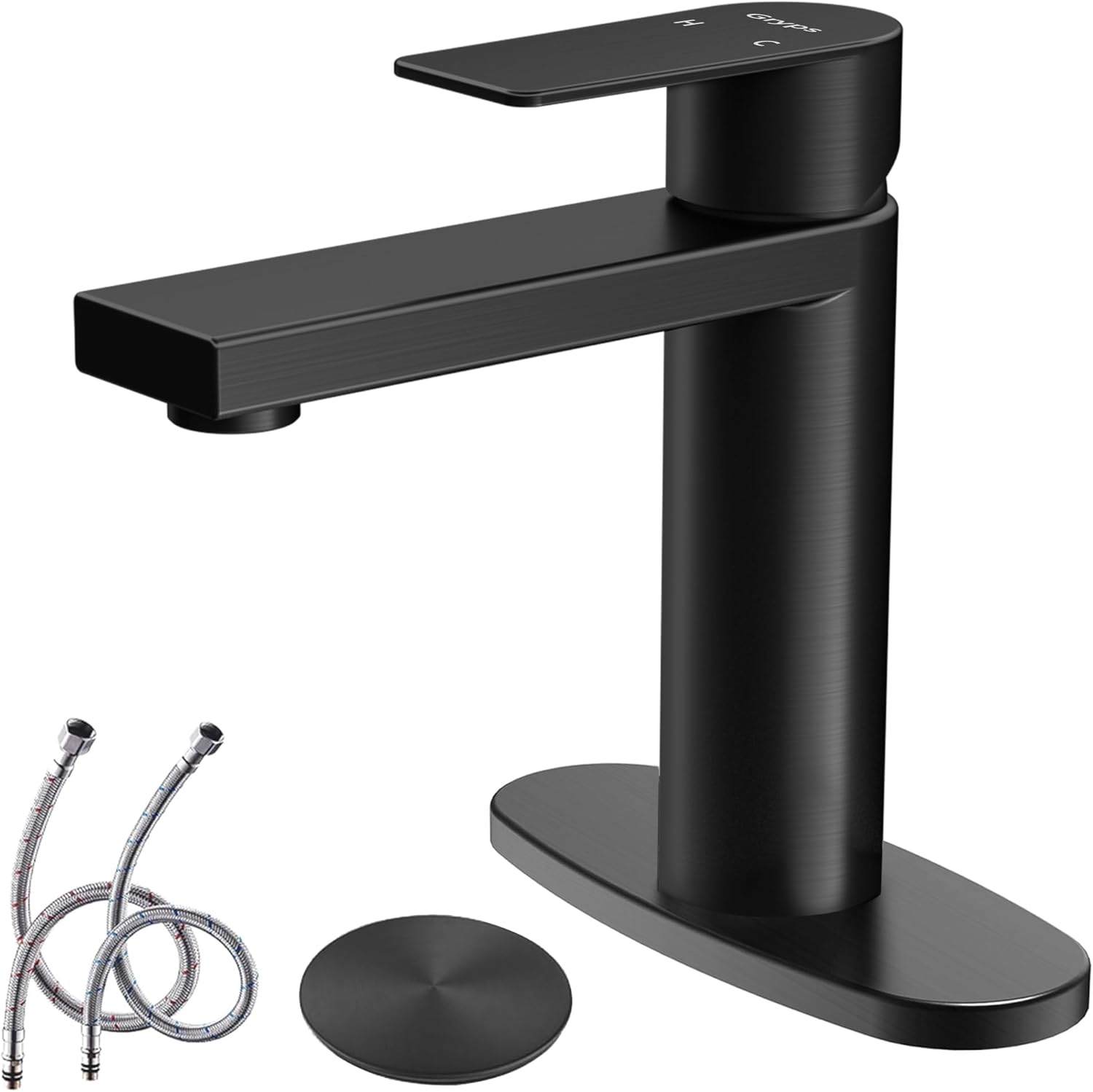 Black Bathroom Faucet Single Hole Bathroom Sink Faucet, Matte Black Single Handle Vanity Basin Faucets with Supply Deck Plate, Modern Farmhouse RV Faucet 1 or 3 Holes