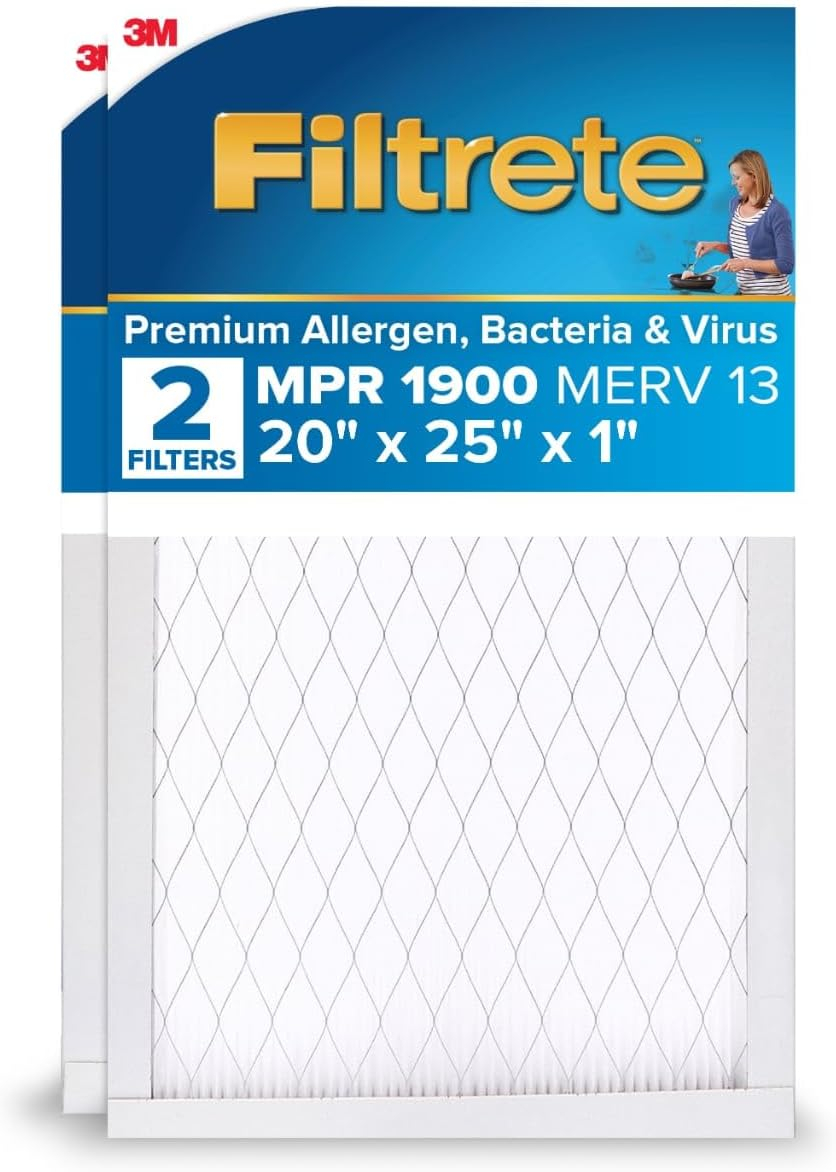 Filtrete 20x25x1 Air Filter, MPR 1900, MERV 13, Healthy Living Ultimate Allergen 3-Month Pleated 1-Inch Air Filters, 2 Filters