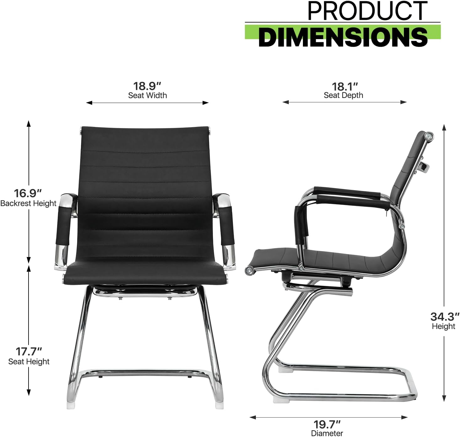 Guyou Modern Mid Back Office Guest Chair Set of 2, Faux Leather Reception Chair Computer Chair with Armrests and Metal Sled Base for Meeting/Waiting/Conference Room, No Wheels, Black