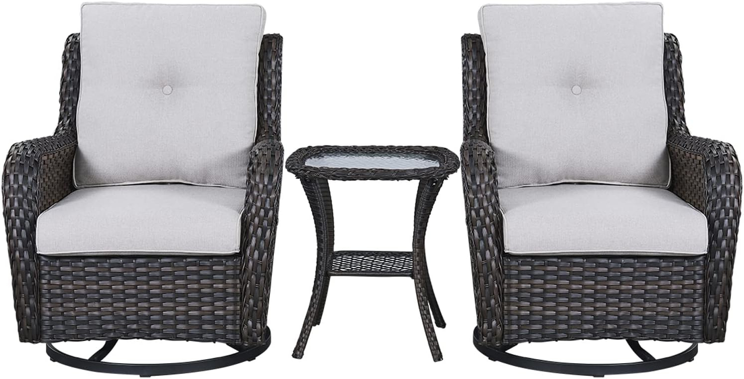 POCASSY 3 Piece Patio Set Outdoor Wicker Glider Rocking and Swivel Chairs with Side Table and Cushions - Patio Wicker Bistro Furniture Set, Brown Rattan & Beige Cushion
