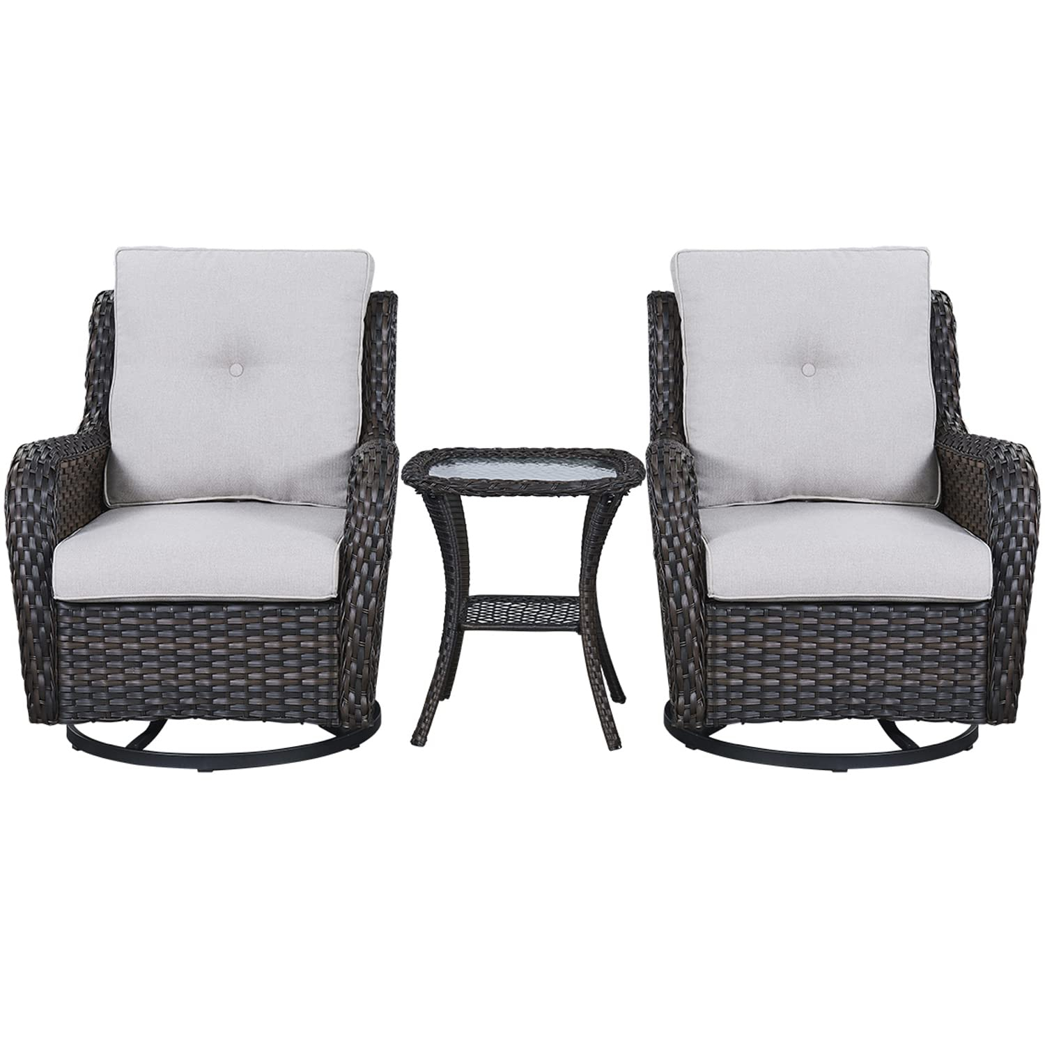 POCASSY 3 Piece Patio Set Outdoor Wicker Glider Rocking and Swivel Chairs with Side Table and Cushions - Patio Wicker Bistro Furniture Set, Brown Rattan & Beige Cushion