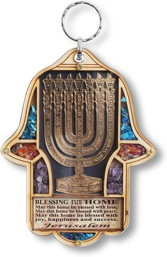 Jewish Wooden Hamsa Menorah Blessing for Home - Good Luck Wall Decor with Simulated Gemstones