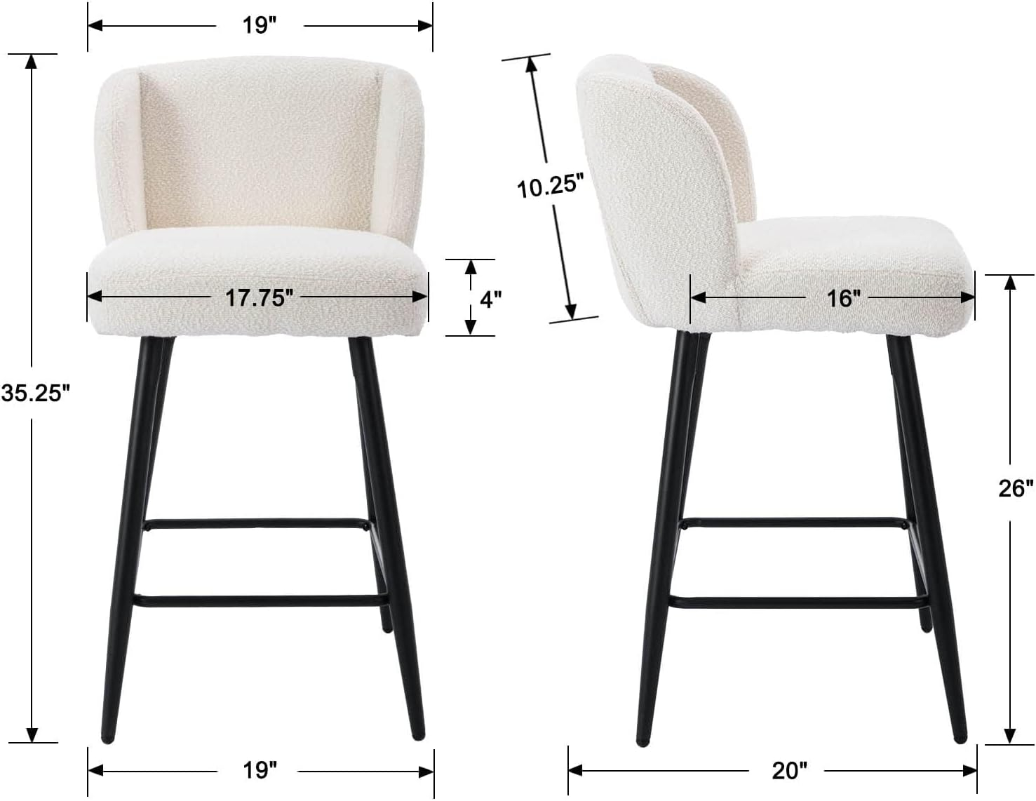 Modern Counter Height Bar Stools Set of 2, 26 Inch Faux Sherpa Upholstered Bar Stools with Back, 18" Seat Wide Island Stools with Black Metal Frame for Kitchen Counter/Breakfast Bar/Restaurant, White