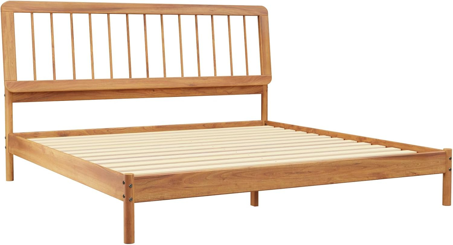 Walker Edison Mid-Century Modern Slatted Solid Wood King Bedframe, Caramel