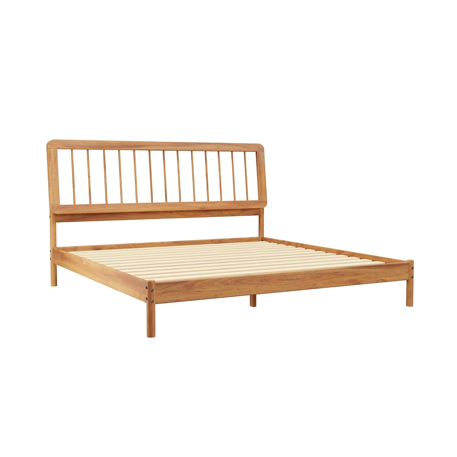 Walker Edison Mid-Century Modern Slatted Solid Wood King Bedframe, Caramel