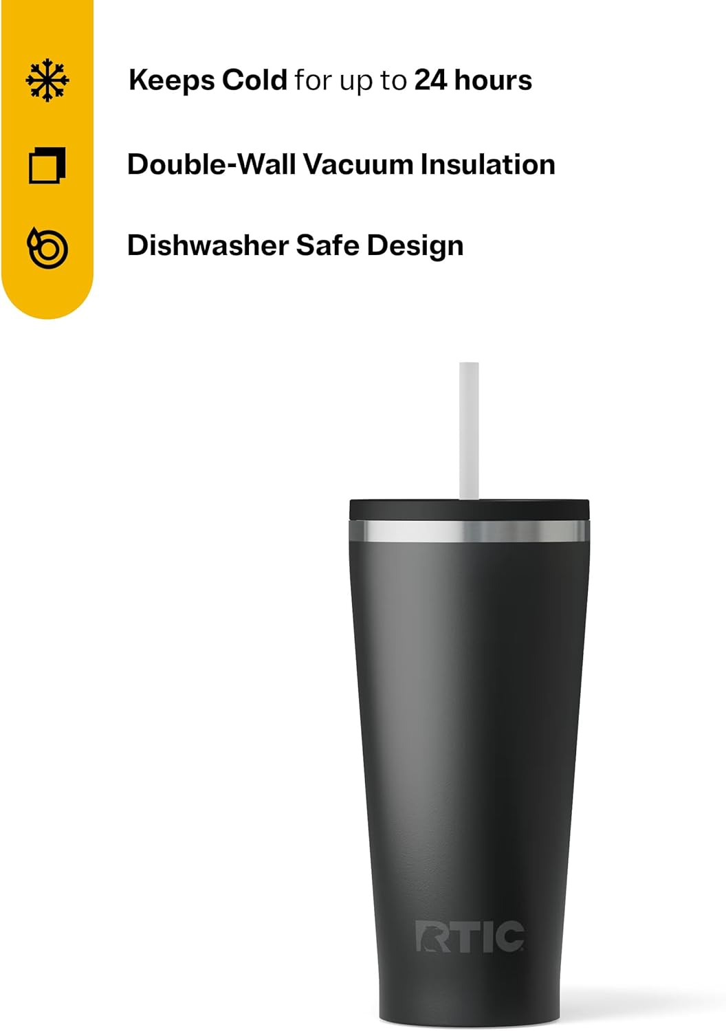 RTIC 20 oz Ceramic Lined Everyday Tumbler, Spill-Resistant Straw Lid, Black