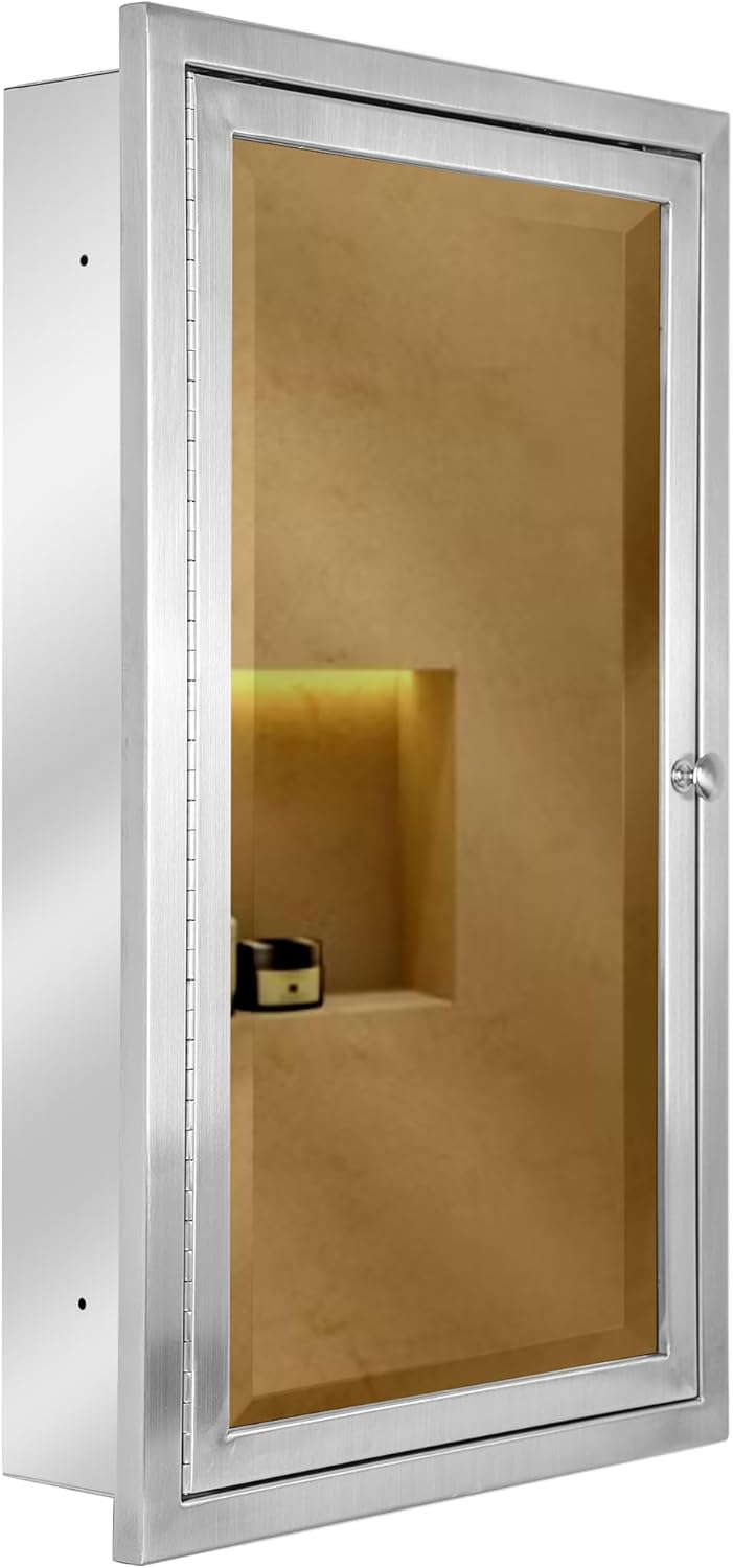 Head West Brushed Nickel Stainless Steel Recessed Medicine Cabinet Framed Accent Mirror - 16" x 26"