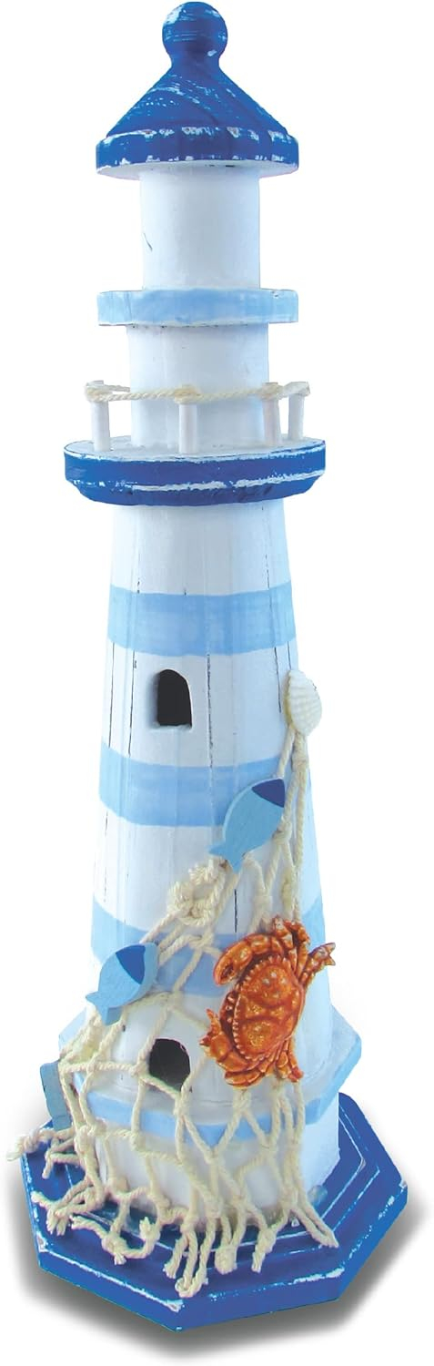 Handcrafted Light Blue and White Wooden Lighthouse Figurine with Crab