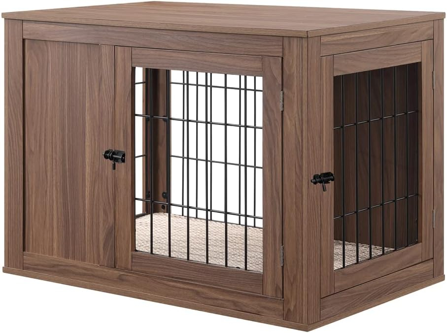 Unipaws Dog Crate End Table with Cushion, Wooden Wire Pet Kennels with Double Doors, Modern Design Dog House, Chew-Proof, Walnut