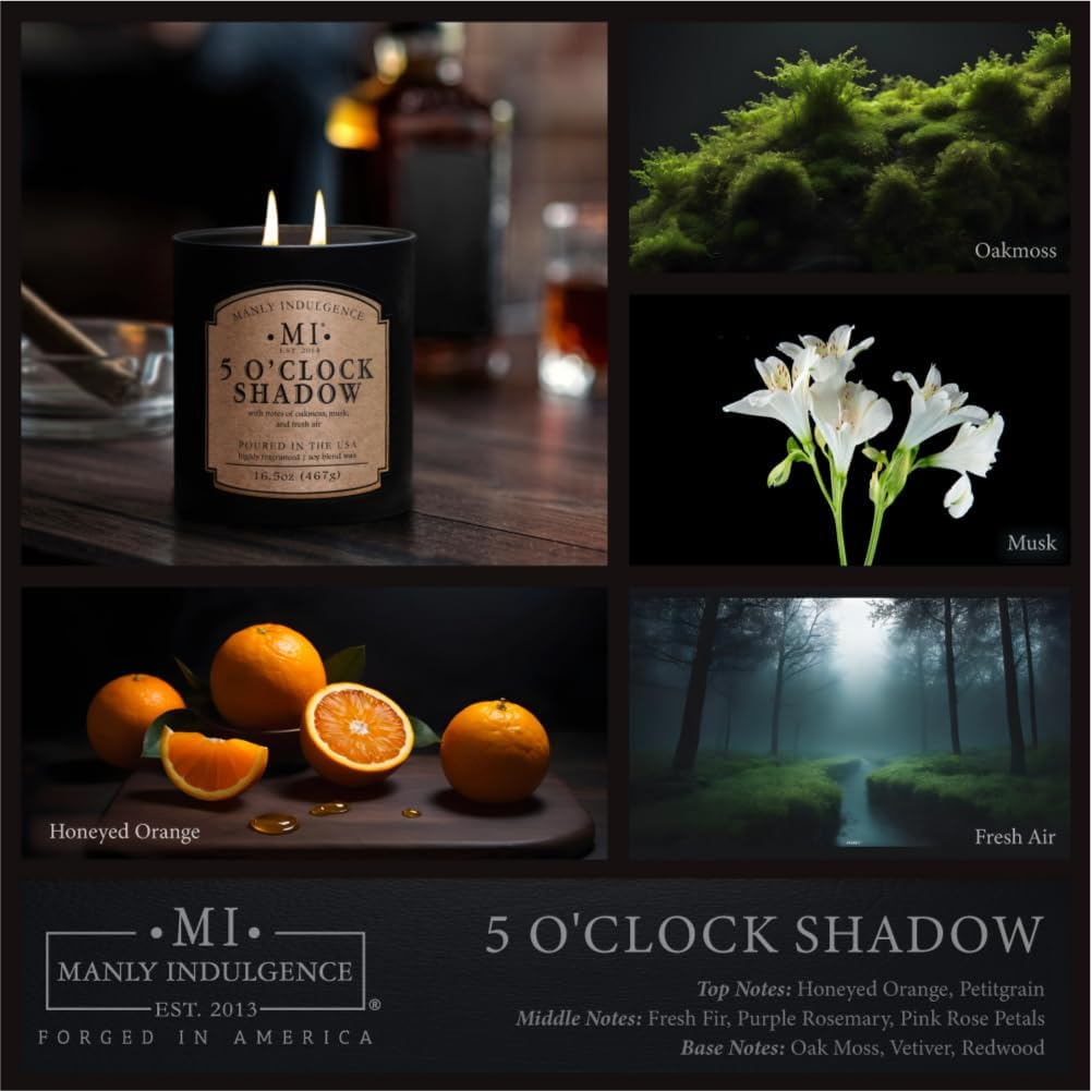 Manly Indulgence Classic+ Five O'Clock Scented Jar Candle, 2 Wick, 16.5 oz, 60h Burn, Aromatic
