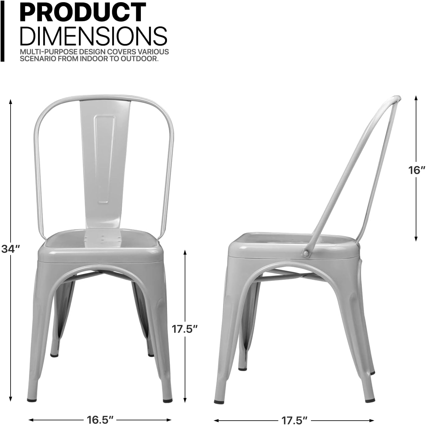 MoNiBloom Stackable Metal Dining Chairs Set of 4, with High Backrest, for Indoor Outdoor Restaurant, Gary