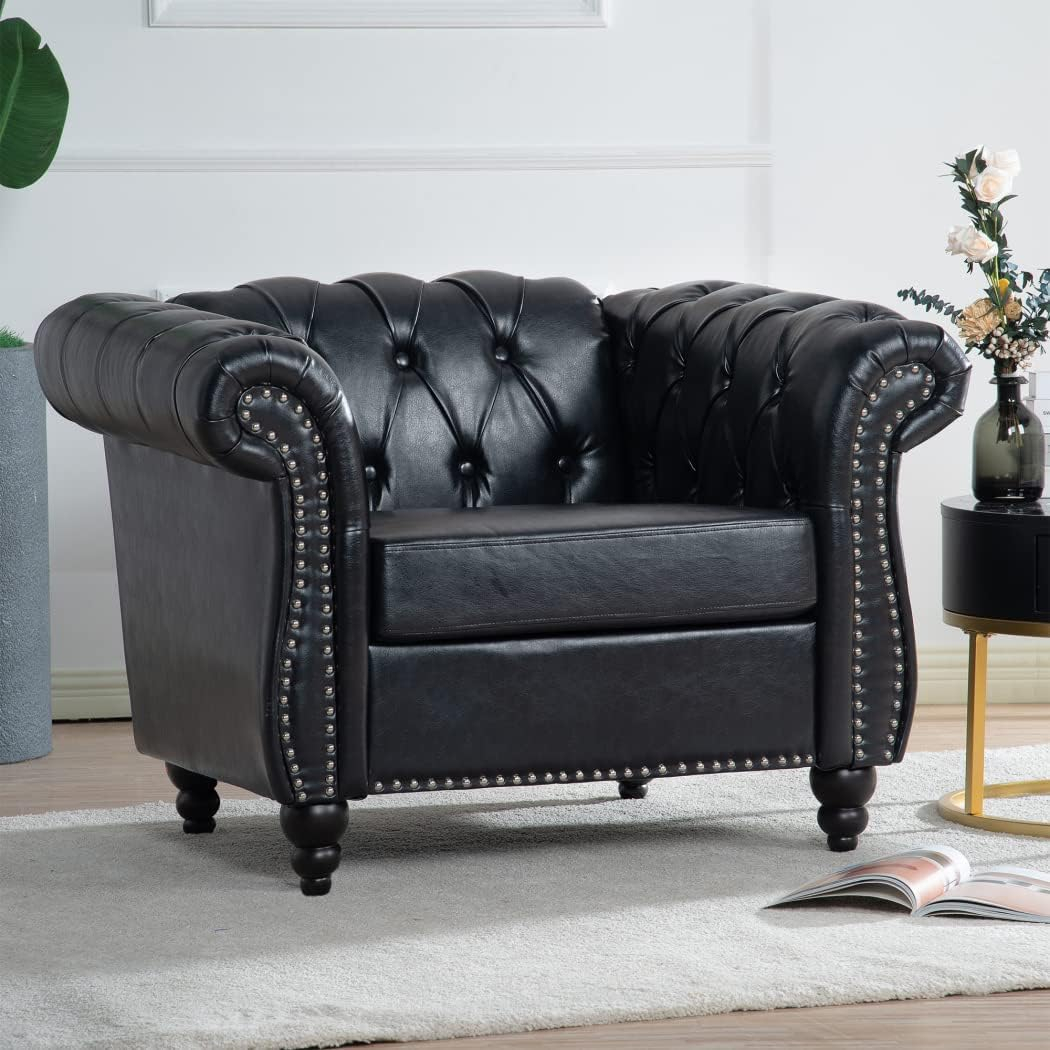 Highland Chesterfield Upholstered Accent Chair in PU with Tufted Back - 39"Wx33"Dx28"D Black