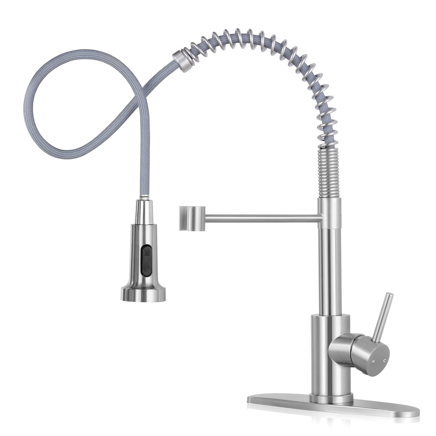 Coliware Kitchen Sink Faucet Brushed Nickel with Pull Down Sprayer, Stainless Steel Spring Kitchen High Arc Commercial Faucets with Deck Plate 1 or 3 Hole