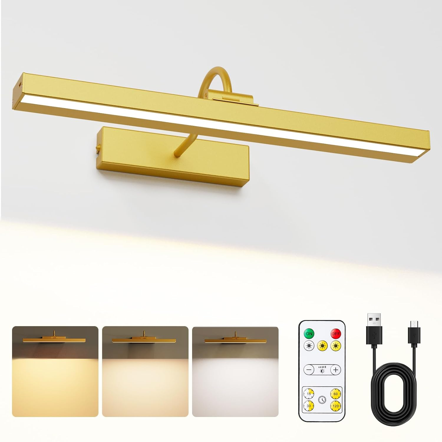 Bridika Picture Lights for Wall Battery Operated, 15.7in Wireless Rechargeable Wall Lights with Remote, 3 Color Temperatures, Dimmable Art Light for Paintings, Gallery, Dartboard, Portraits gold 1pack