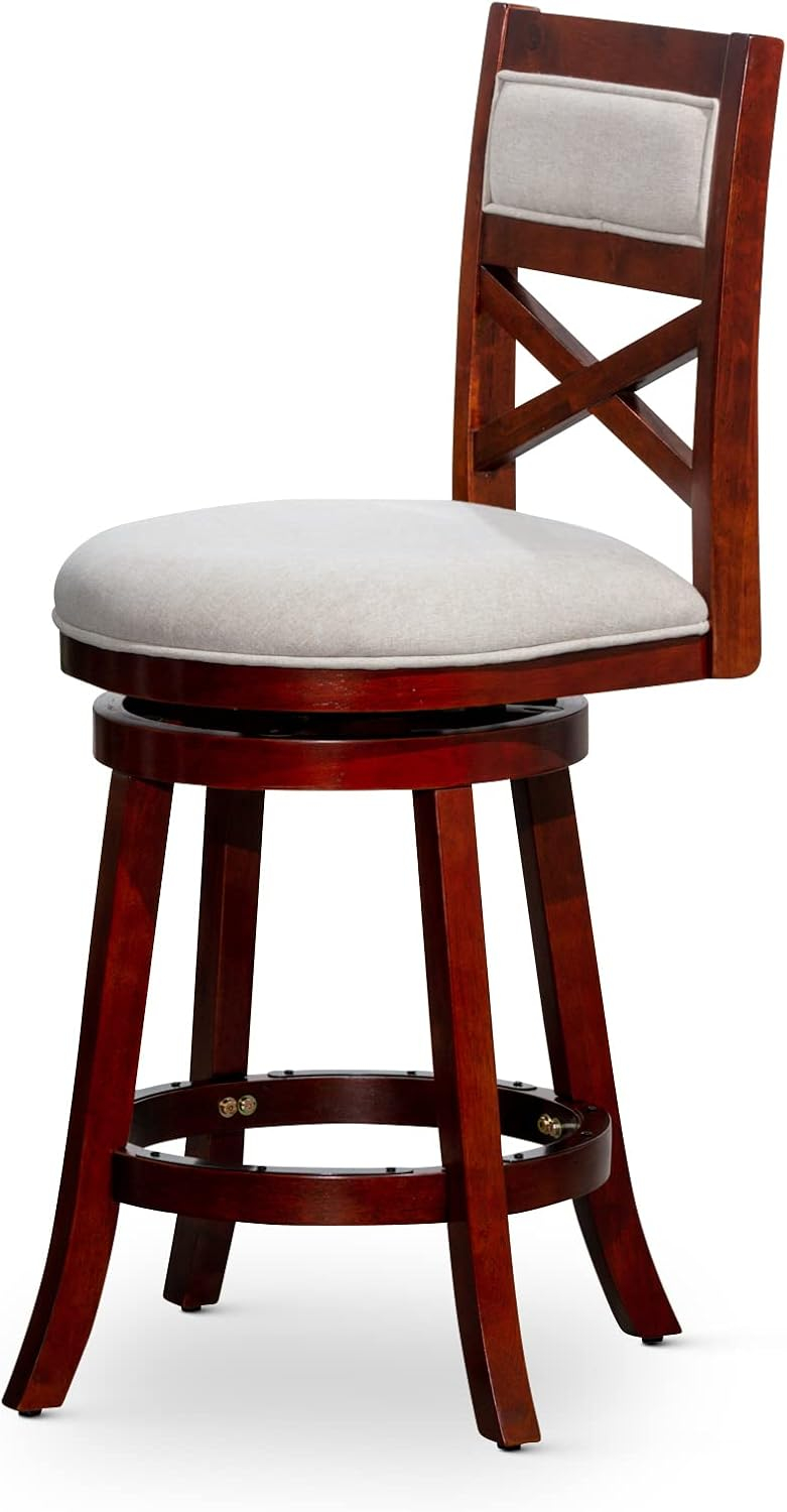 Killeryuki Indoor Living Meeker X Back Fabric Swivel Stool, 24” Counter Height, Cherry Finish, Beige Fabric Seat