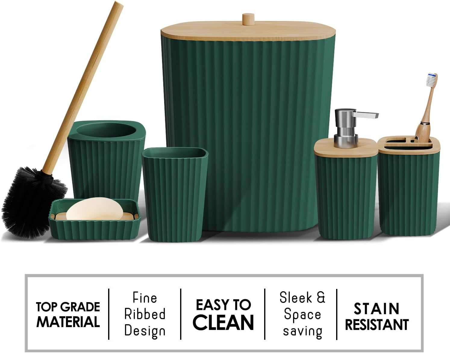 Clara Clark Bathroom Set - Hunter Green Bathroom Accessories Set, 6PC Bathroom Accessory Set, Bathroom Sets with Toilet Brush, Trash Can & Soap Dispenser