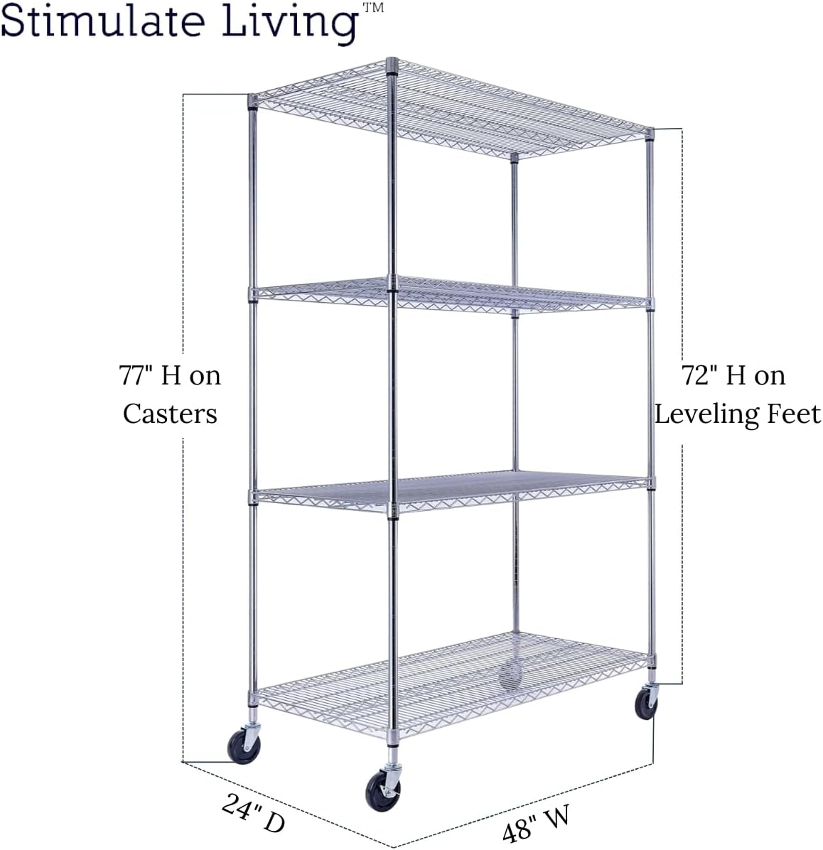 48"x24"x72" Prime Heavy Duty Black 4-Tier Wire Shelving NSF 3200 LBS MAX Capacity Storage Rack for Commercial, Hospital, School, Garage, and Kitchen Uses (with Wheels)