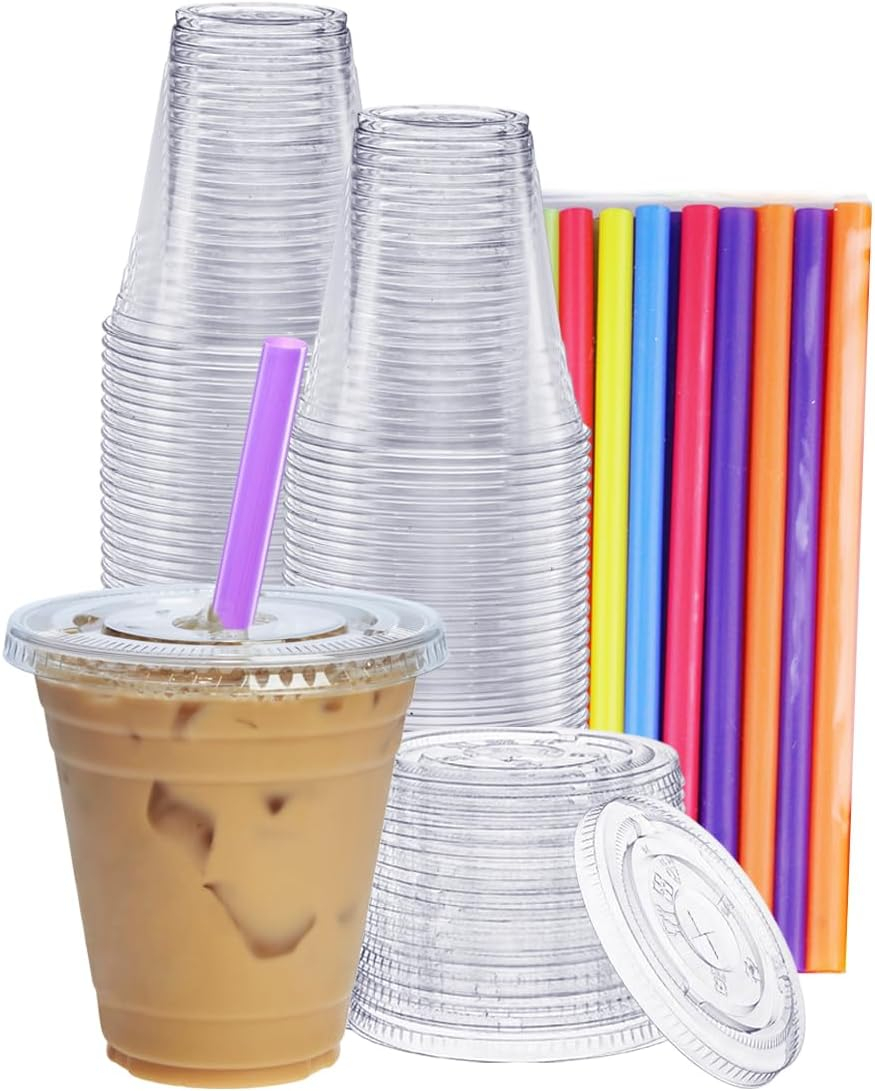 GUSTO 12 oz Clear Plastic Cups with Flat Lids & Straws for Coffee, Slushie, Milkshakes, 100-Pack