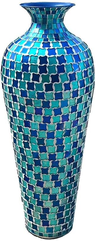 Mosaic Vase, 20 Inch Floor Vase, Decorative Tall Vase for Home Decor Geometric Pattern Metal Vase with Glass Mosaic- Blue and Turquoise Tessellation Pattern