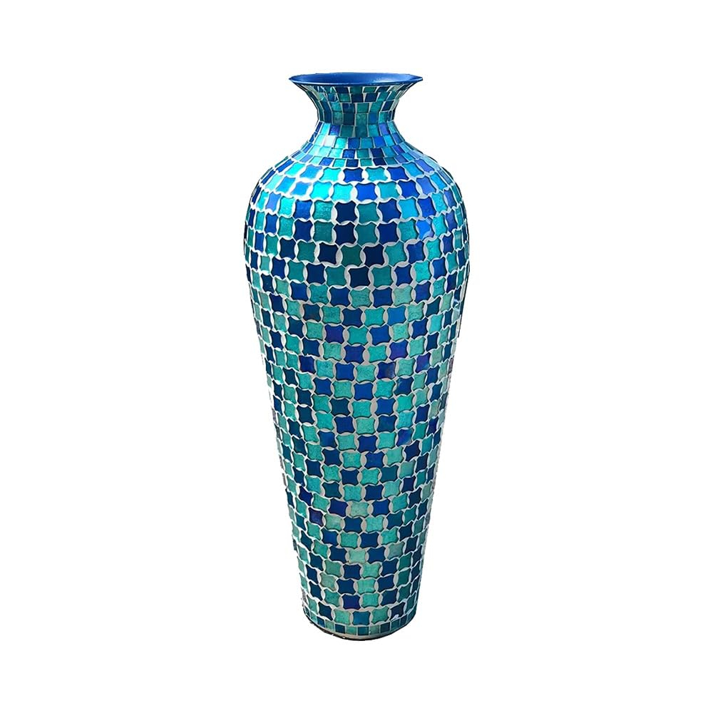 Mosaic 20 Inch Decorative Tall Floor Vase, for Home Decor Geometric Pattern Metal Vase with Glass Mosaic- Blue and Turquoise Tessellation Pattern