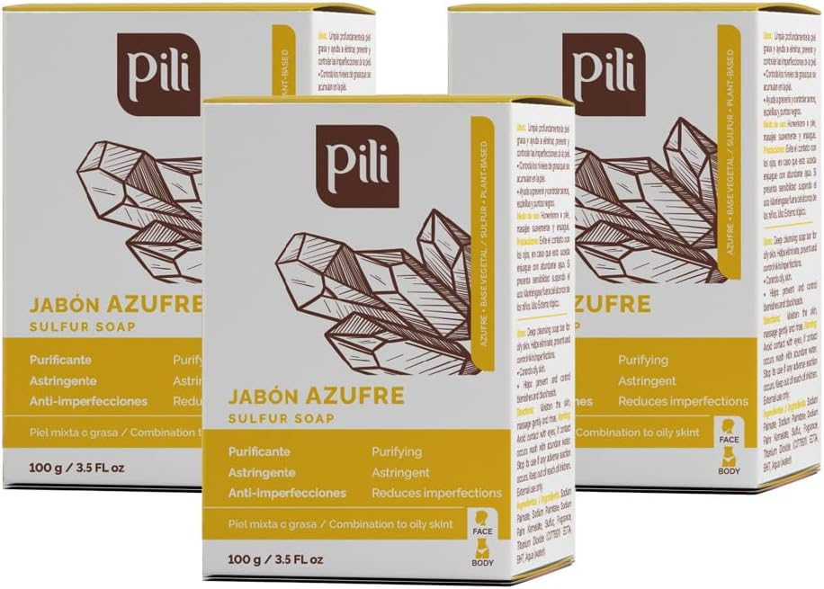 Pili Natural Sulfur Soap Bars (3 Pack) Jabón de azufre - Deep Cleansing and Oil-Control Formula for All Skin Types - Maintain Healthy Skin - 3-Pack