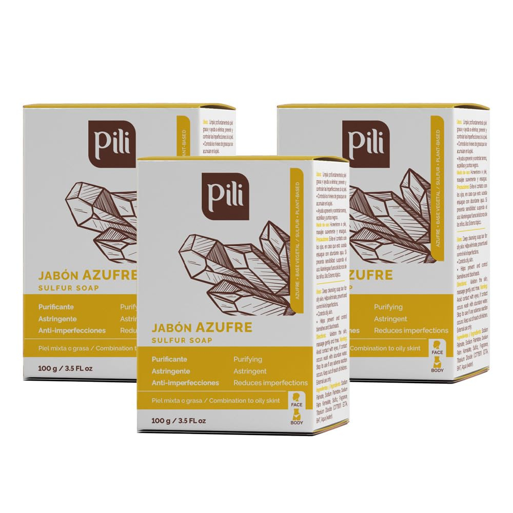 Pili Natural Sulfur Soap Bars (3 Pack) Jabón de azufre - Deep Cleansing and Oil-Control Formula for All Skin Types - Maintain Healthy Skin - 3-Pack