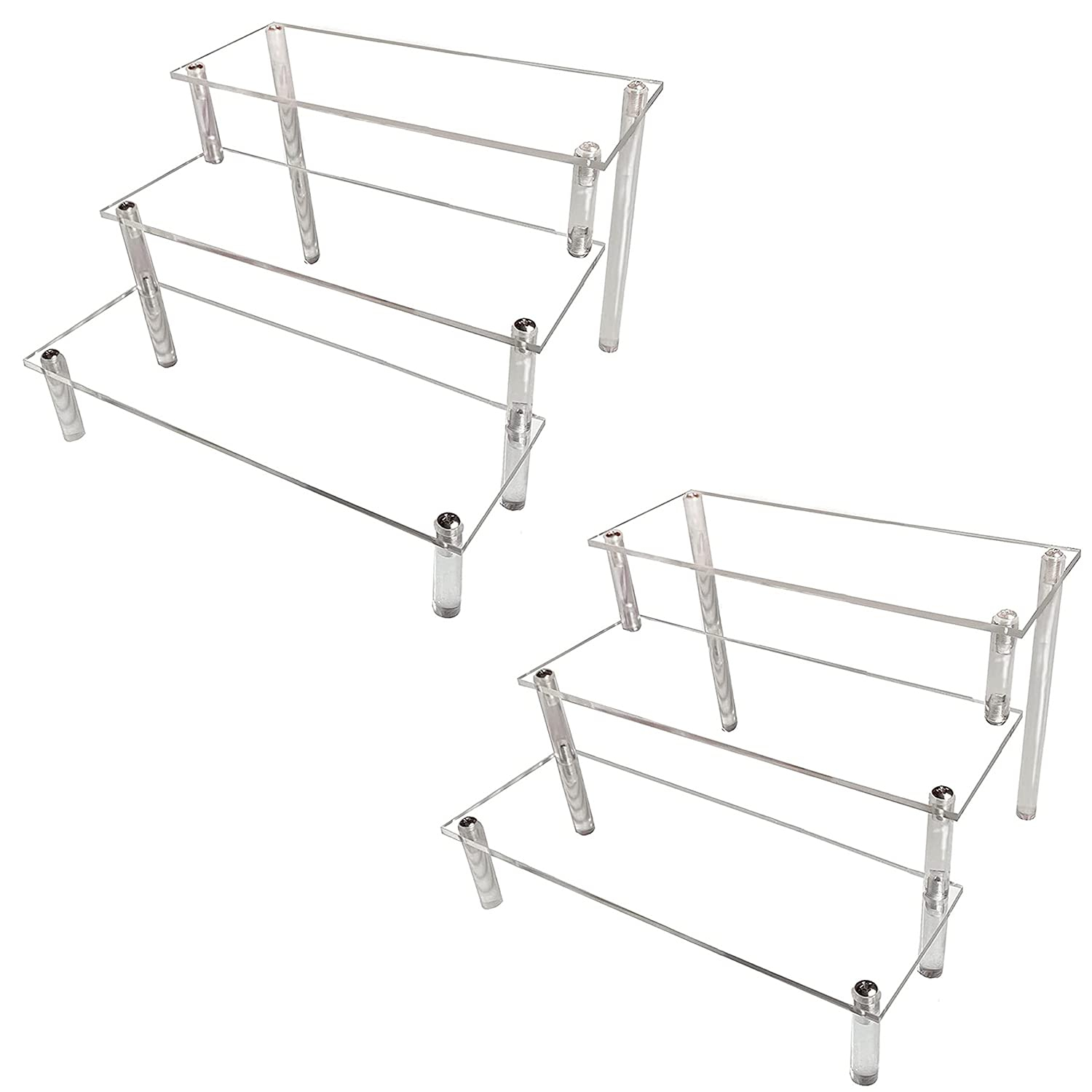 AZEAM 2 Packs Acrylic Display Risers,Clear Display Risers Stand Small Mini Shelf 3 Tiered Cupcake Stand for Food Desserts Stand Perfume Organizer Toys Collections Cosmetic Products Tabletop Use