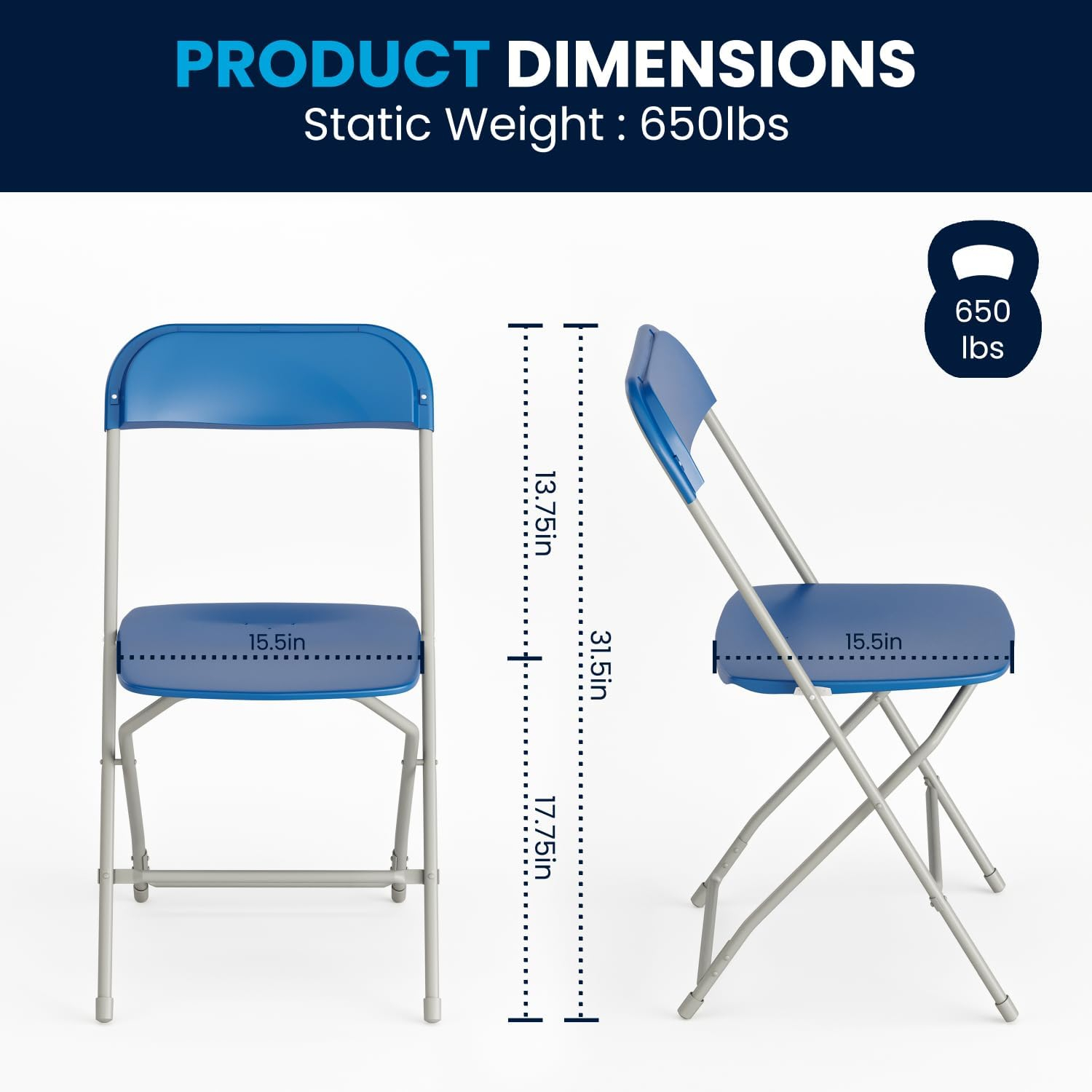 Flash Furniture Hercules Series Plastic Folding Chair - Blue - 650LB Weight Capacity Comfortable Event Chair - Lightweight Folding Chair -