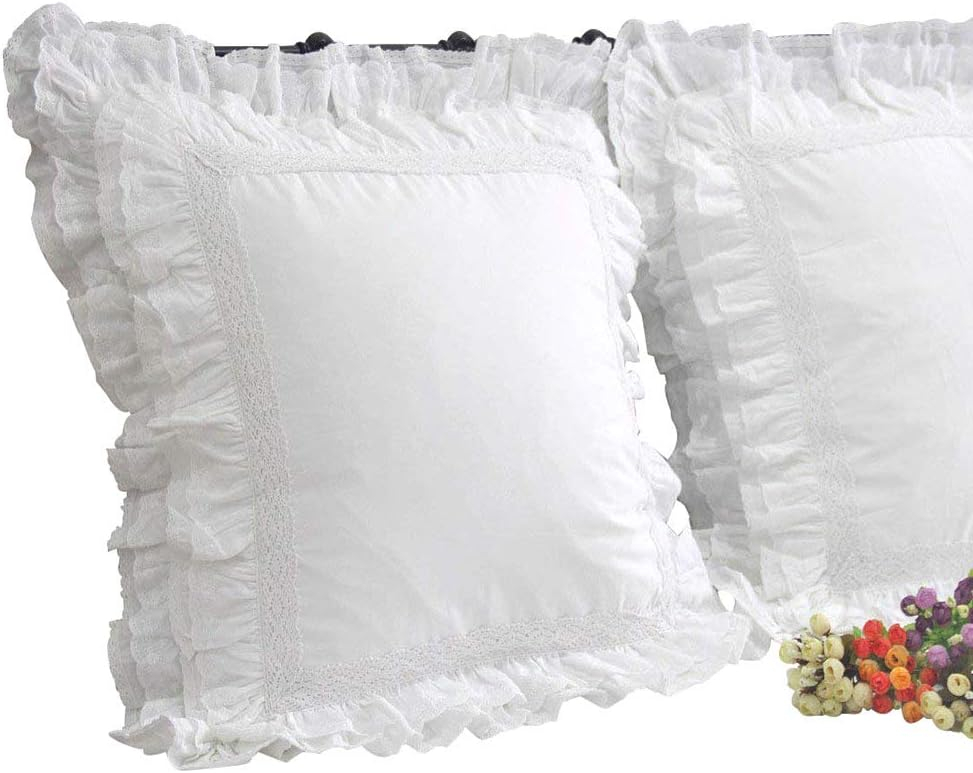 Lemfux Cotton Euro Shams with White Lace Ruffles, 26 x26 Inch, Set of 2,Rustic Farmhouse Lace Shabby Soft Breathable Bridal Pure White European, White Decorative Pillow Covers