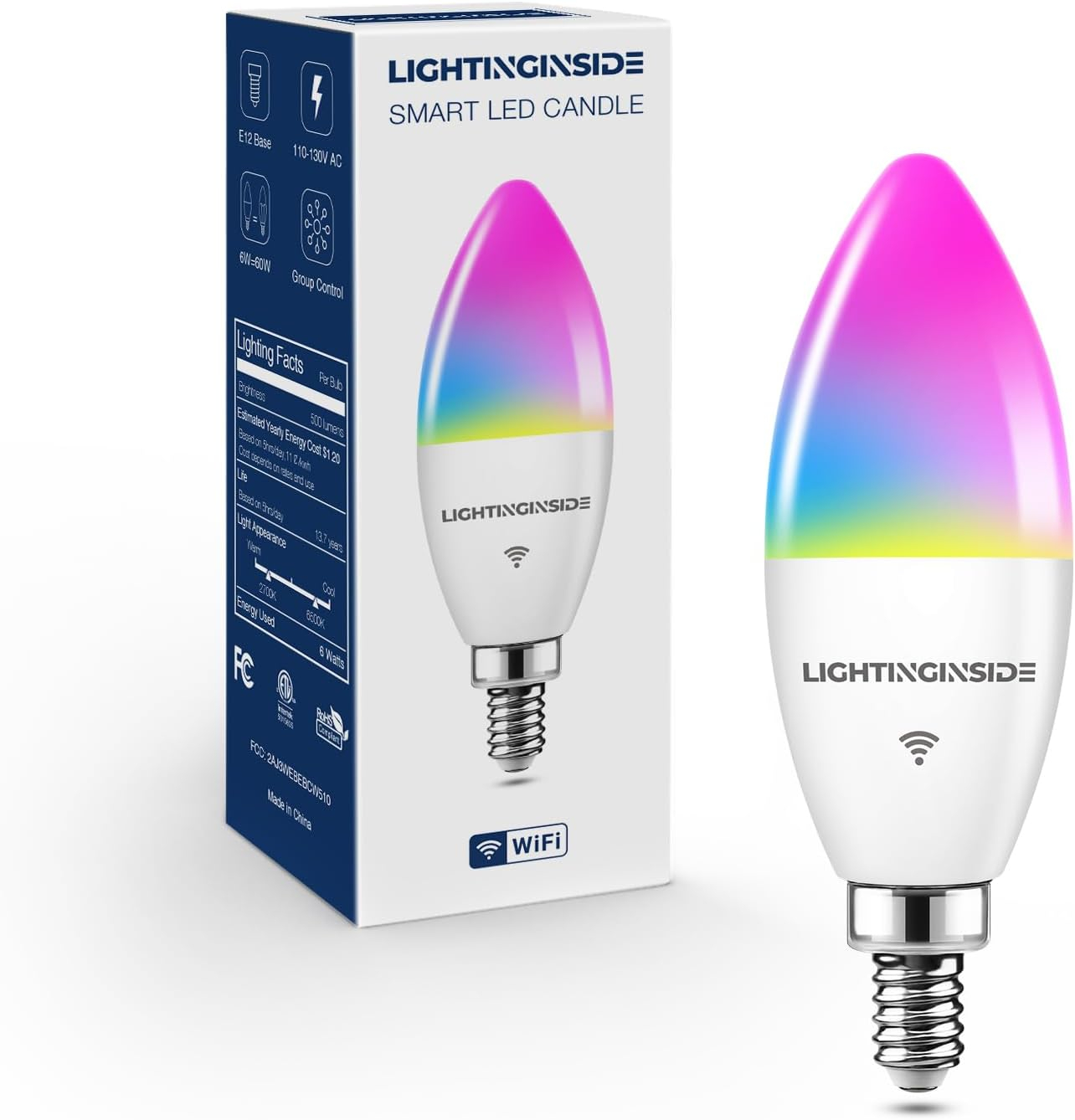 Candelabra Smart Light Bulbs 60W Equivalent, 500LM 6W E12 LED Bulb Compatible with Alexa/Google Home, RGBCW Candle Bulb for Chandelier, No Hub Required, 2.4G WiFi Only, ETL Listed, 1PC