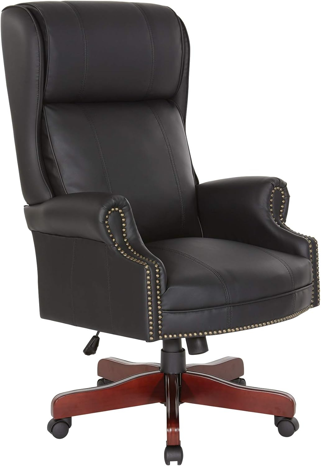 Executive High Back Chair with Black Vinyl and Brass Finish Nail Trim Upholstery