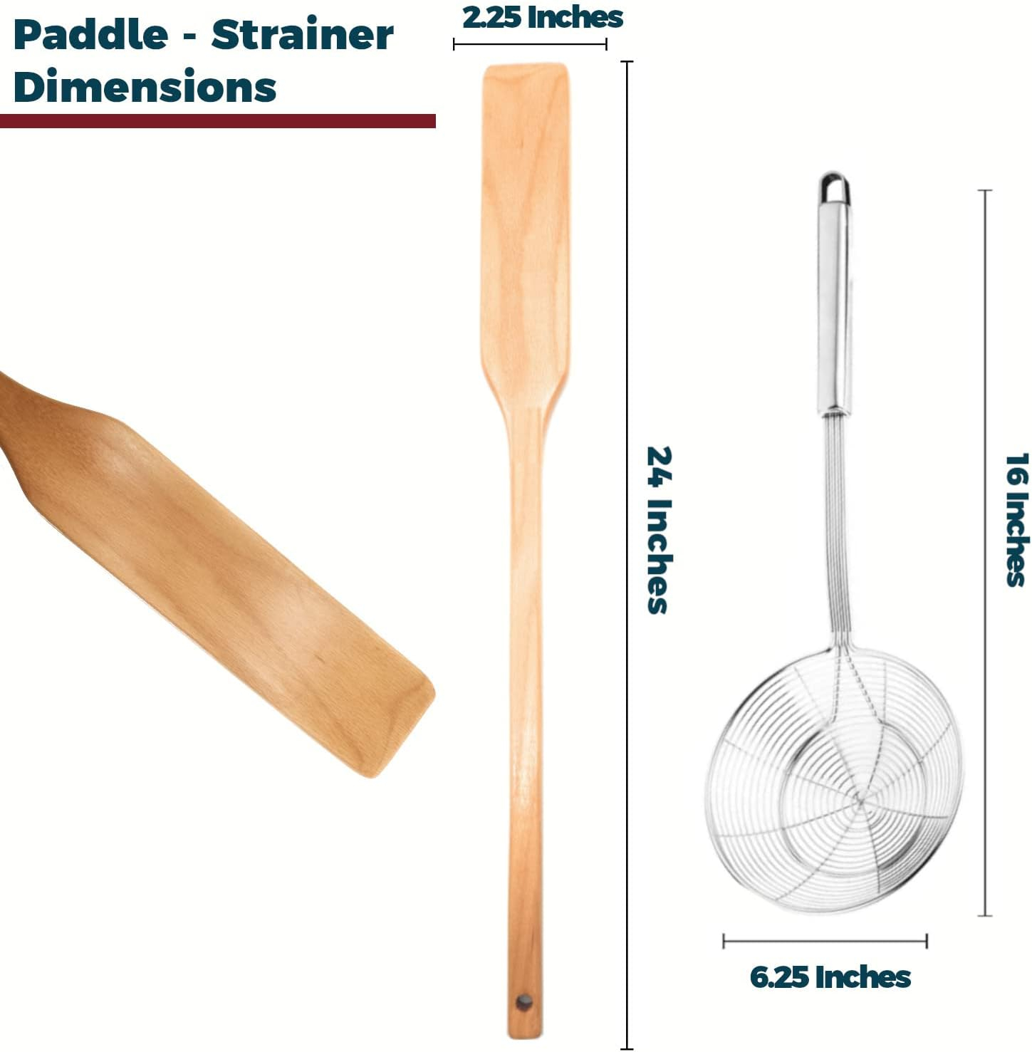 Extra Long 24 Inch Wooden Spoon and 16 Inch Stainless Steel Spider Strainer Skimmer, Large Wood Stirring Paddle for Cooking, Mixing, Home Brewing, Cajun Crawfish, Seafood and Crab Pot Boil Accessories