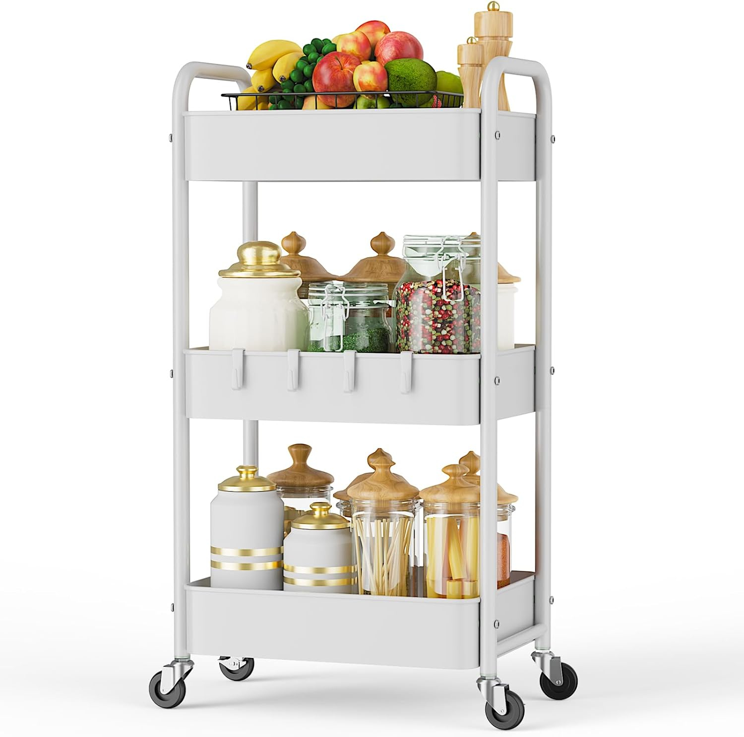 LEHOM 3 Tier Rolling Utility Cart, Metal Trolley Cart with Wheels, Hooks, Easy Assembly Organizer Storage Cart for Bathroom, Kitchen, Office, Bedroom(White)