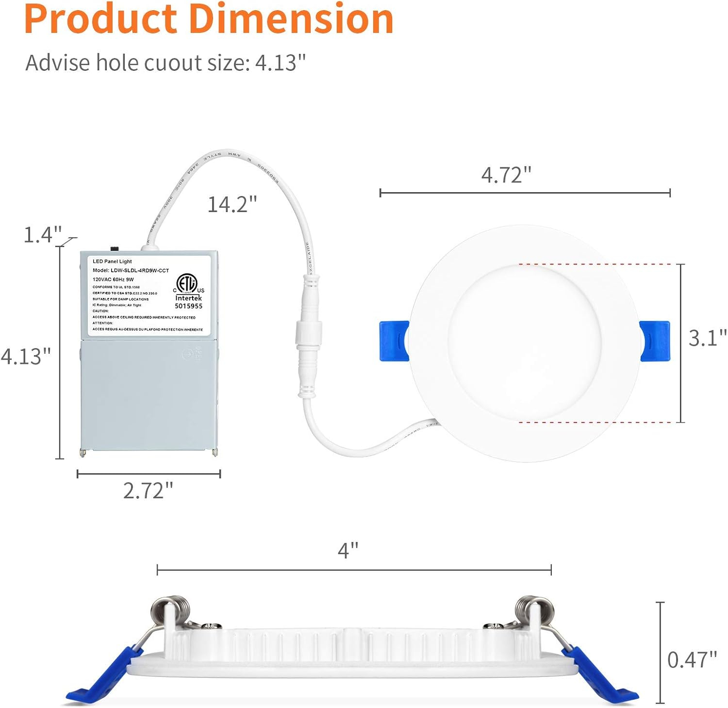 Meconard 4 Pack 4 Inch LED Recessed Ceiling Light with Junction Box, 3000K/4000K/5000K Selectable, 9W=75W 750LM, Dimmable Canless Downlights, ETL and Energy Star Listed