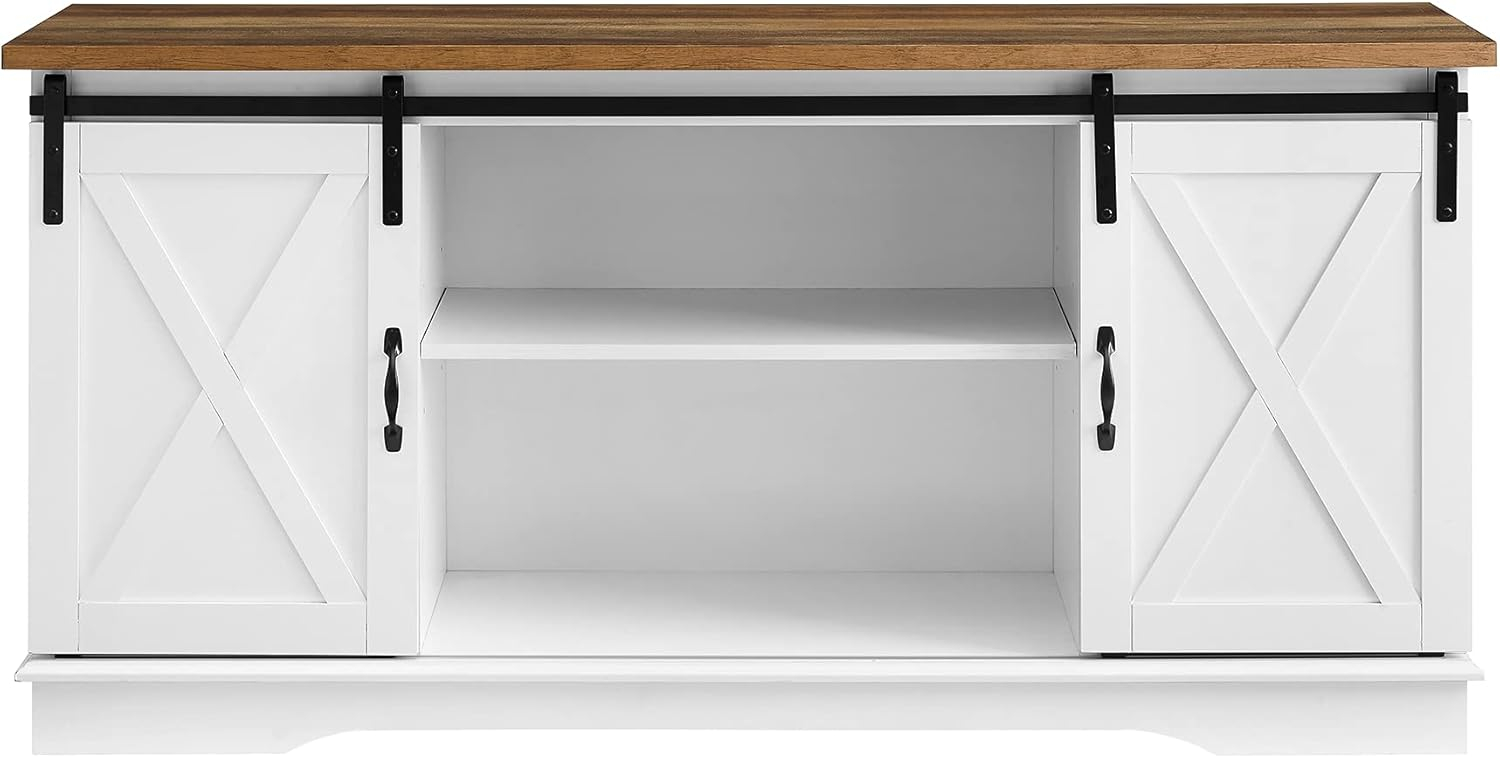 Walker Edison Farmhouse Sliding Barn Door TV Stand for TVs up to 65", White/Reclaimed Barnwood