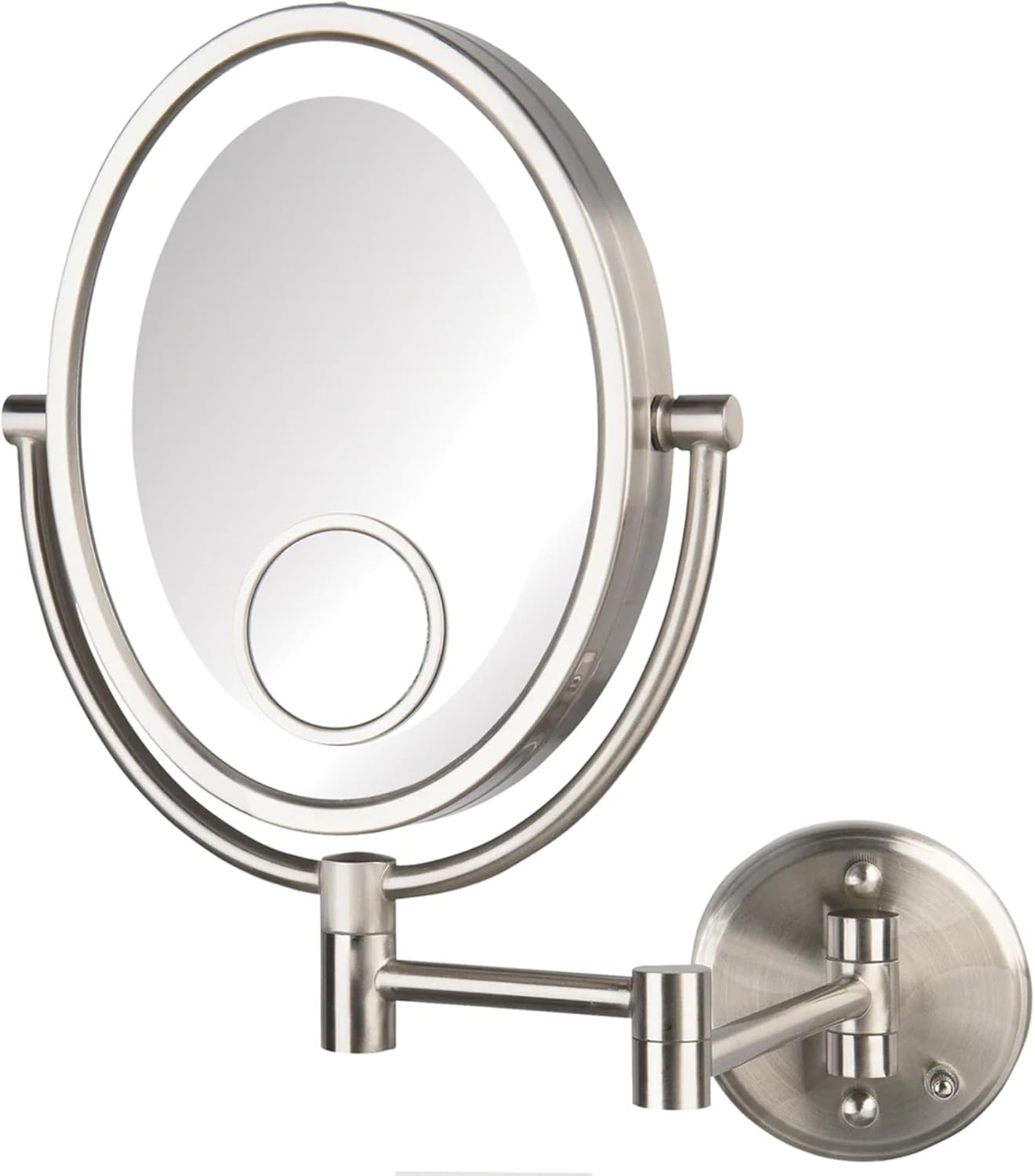 Jerdon 8 inch by 10 inch Oval Wall-Mounted Lighted Makeup Mirror with 10X-1X and 15X Spot Magnification, Nickel Finish, Direct Wire -Model HL9515NLD