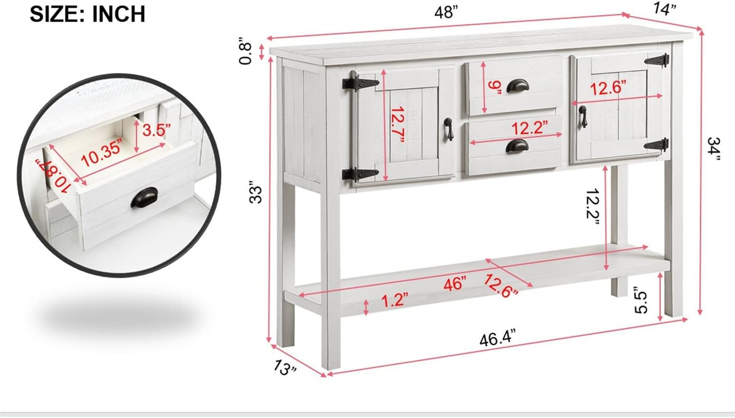 48" Solid Wood Buffet Sideboard,Farmhouse Console Table with Bottom Shelf,Retro-Style Storage Cabinet for Entryway,Living Room,Dining Room,Kitchen,Antique White