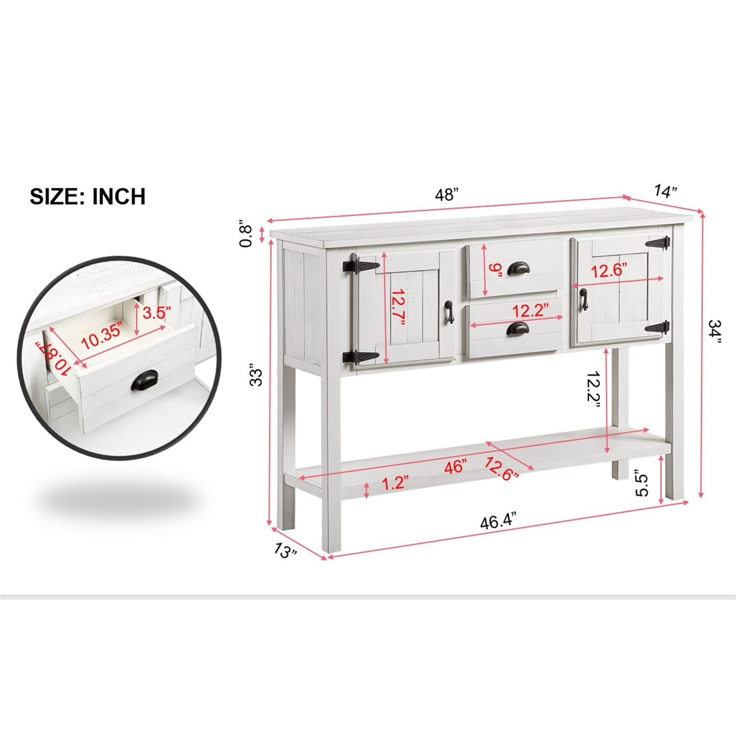 48" Solid Wood Buffet Sideboard,Farmhouse Console Table with Bottom Shelf,Retro-Style Storage Cabinet for Entryway,Living Room,Dining Room,Kitchen,Antique White