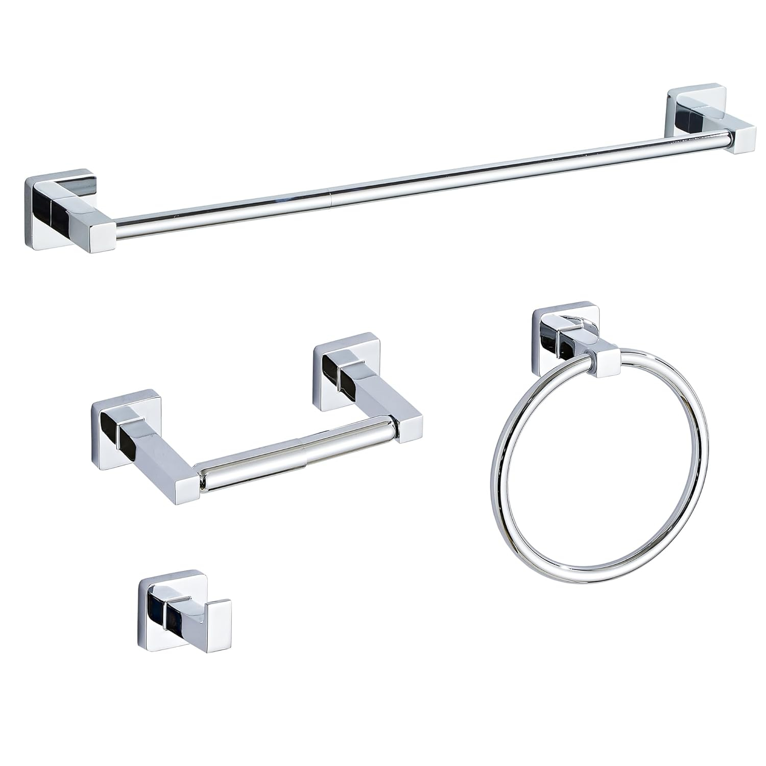Chrome Bathroom Hardware Set 4 Pieces,Bathroom Accessories Set Stainless Steel Wall Mounted, Hand Towel Bar, Towel Ring, Robe Towel Hooks,Toilet Paper Holder,Towel Bar Set, 23.6 Inch