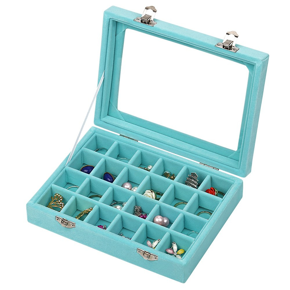 24 Grids Velvet Glass Ring Earrings Jewelry Box Earrings Organiser Storage Holder Display Case