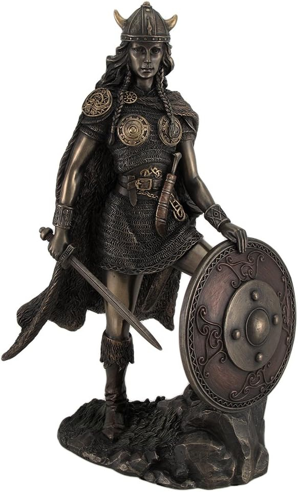 Bronze Finished Viking Shieldmaiden Statue with Sword and Shield