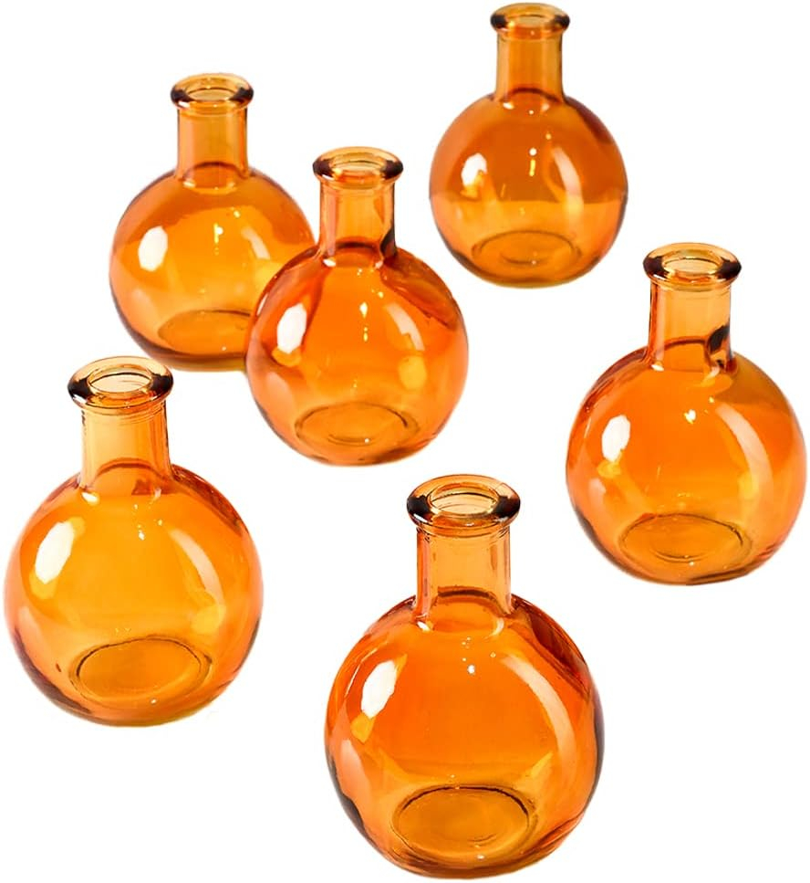 Koyal Wholesale Glass Bud Vases, Small Apothecary Bottles, Bulk Decorative Jars, Vintage Centerpieces, Amber, Set of 6