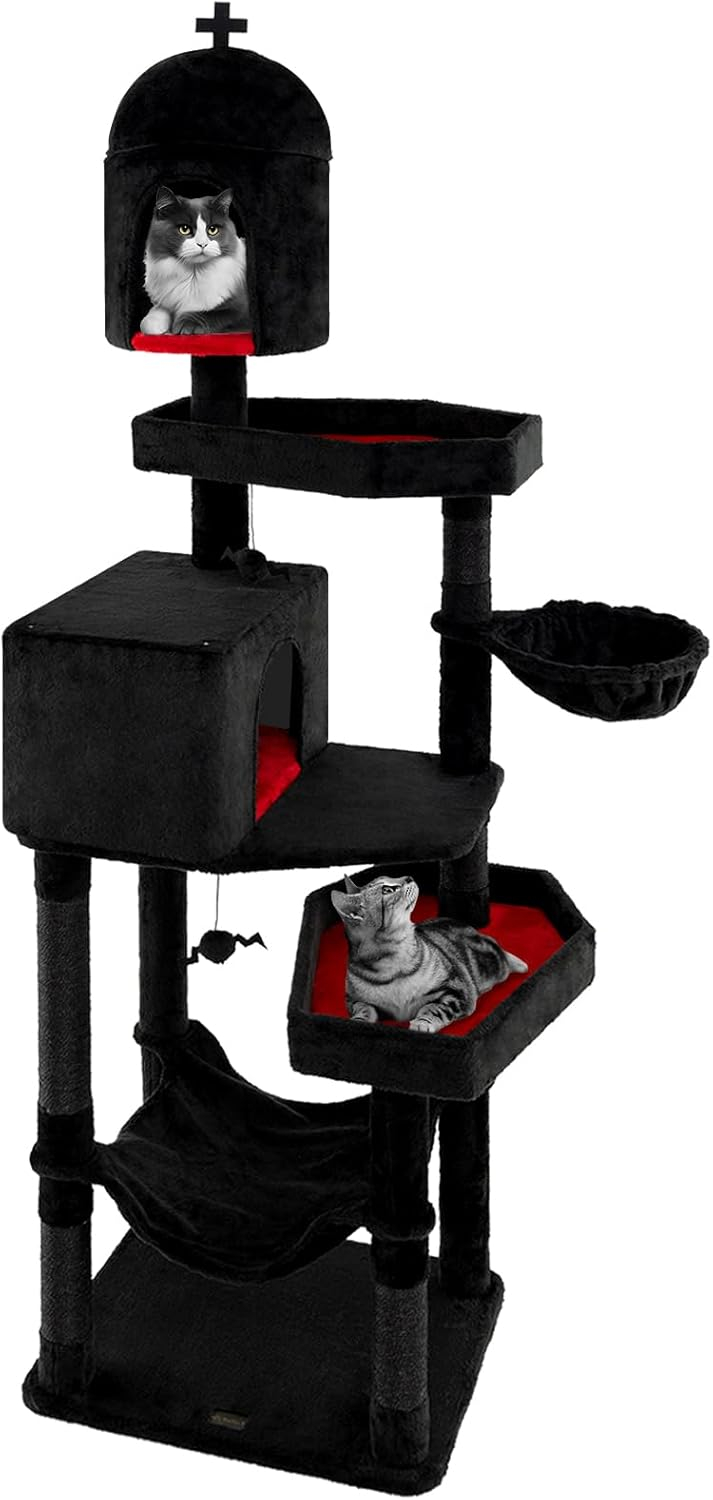 PETSITE 83 Inch Tall Gothic Cat Tree, Multi-Level Halloween Cat Tower with Coffin Beds, Scratching Posts, 2 Cat Condos, Dangling Balls, Hammock, and Basket Bed, Goth Cat Tree for Indoor Cats, Black
